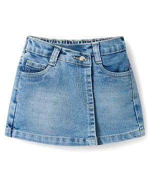 Bonfino Woven Knee Length Washed Denim Skort - Blue