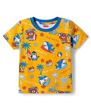 Babyhug Cotton Knit Half Sleeves T-Shirt with Beach Theme Print - Yellow