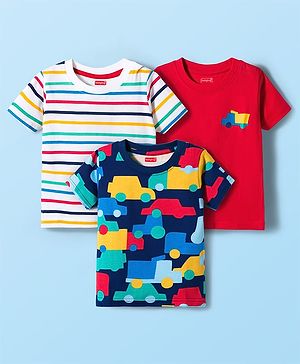 Babyhug Cotton Knit Half Sleeves Striped & Vehicle Printed T-Shirts Pack of 3 - Navy Blue Red & White