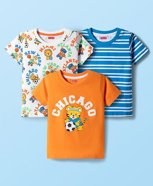 Babyhug Cotton Knit Half Sleeves Striped & Animal Printed T-Shirts Pack of 3 - Orange Blue & White