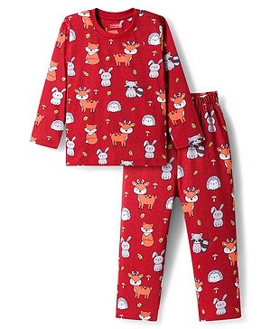 Babyhug Cotton Knit Full Sleeves Co-ords Night Suit With Animal Print - Maroon
