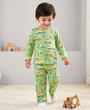 Babyhug Cotton Knit Full Sleeves Co-Ord Night Suit with Vehicle Print - Green