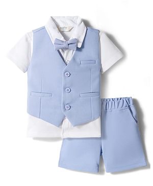 Bonfino Woven Half Sleeves Solid 3 Piece Party Suit With Bow - Light Blue