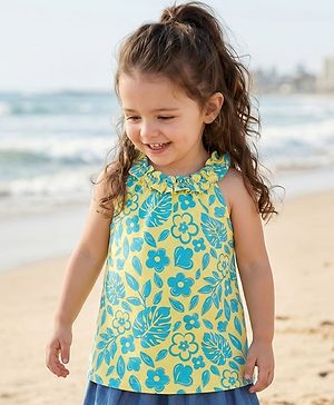 Babyhug Cotton Knit Sleeveless Top with Floral Print - Yellow