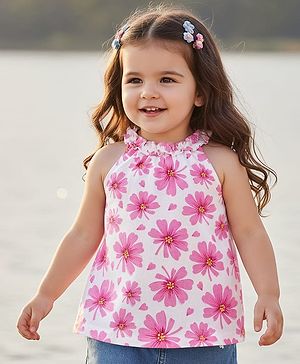 Babyhug Cotton Knit Sleeveless Top With Floral Print - White