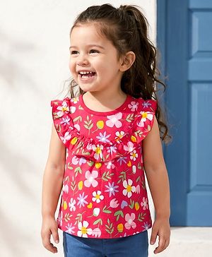 Babyhug Cotton Knit Sleeveless Top With Floral Print - Red