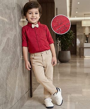 Babyhug Cotton Woven Full Sleeves Printed Shirt & Trouser Set with Bow - Maroon & Beige