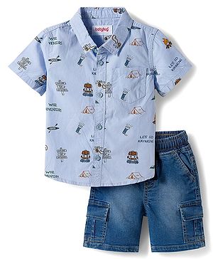 Babyhug Cotton Woven Half Sleeves Camping Printed Shirt & Denim Shorts Set - Blue