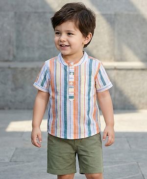 Babyhug Cotton Knit Half Sleeves Striped Shirt & Shorts Set - Multicolor