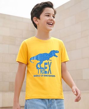 Pine Kids Cotton Knit Half Sleeves T-Shirt with Dino Graphic - Yellow