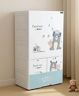 Babyhug 3 Layer Plastic Kids Wardrobe & Storage Cabinet with Wheels  Bear & Music - White| Multipurpose Organizer for Toys, Books & Clothes| Anti-Slip Base| Easy Assembly| Sturdy High Density Plastic