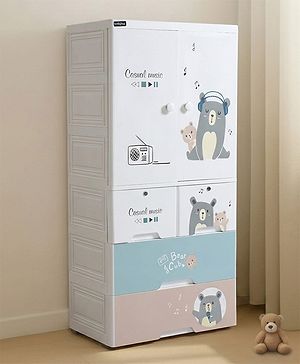 Babyhug 4 Layer Plastic Kids Wardrobe & Storage Cabinet with Wheels  Bear & Music - White| Multipurpose Organizer for Toys, Books & Clothes| Anti-Slip Base| Easy Assembly| Sturdy High Density Plastic