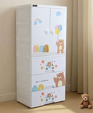 Babyhug 4 Layer High Density Plastic Storage Cabinet Bear & Balloon Easy to Assemble Storage Organizer Smooth Wheels Easy Access Draws Easy Maintenance Cloths Toys & Book Organizer- White