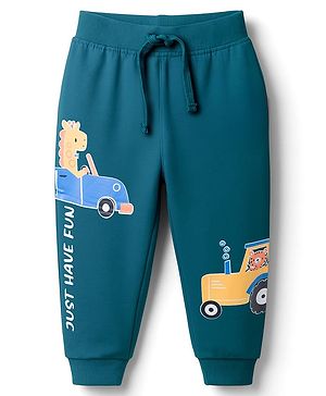 Babyhug Terry Knit Full Length Lounge Pant With Vehicle Print - Green