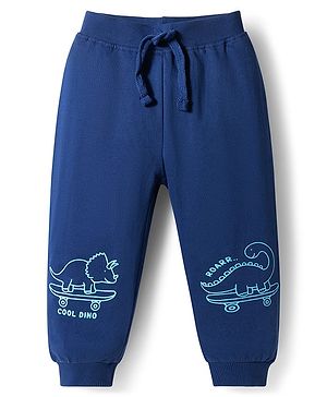 Babyhug Cotton Terry Knit Full Length Lounge Pant With Dino Print - Navy Blue