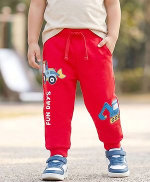 Babyhug Cotton Terry Knit Full Length Lounge Pant With Vehicle Print - Red