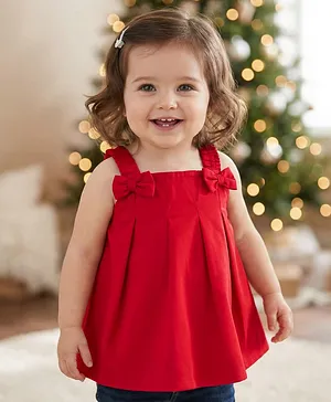 Babyoye Cotton Woven Solid Colour Top
                              With Bow Applique - Red