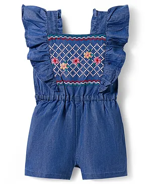 Babyoye Denim Woven Frill Sleeves
                              Washed Jumpsuit with Floral Embroidery -
                              Blue