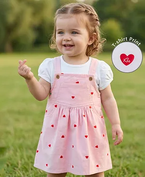 Babyoye Cotton Twill Woven Half
                                  Sleeves T-Shirt with Heart Embroidered
                                  Frock - Pink & White