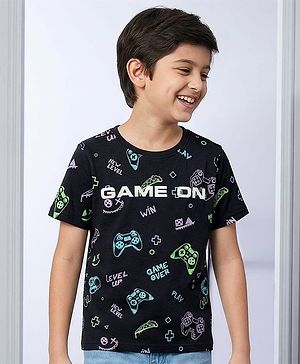 Pine Kids Cotton Knit Half Sleeves T-Shirt With Text Print - Black