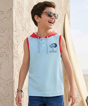 Pine Kids Cotton Knit Sleeveless Hooded T-Shirt With Tree Print - Blue