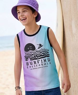 Pine Kids Cotton Knit Sleeveless T-Shirt With Text Print - Light Blue