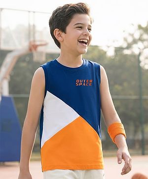 Pine Kids Cotton Knit Sleeveless T-Shirt With Cut & Sew Design - Navy Blue