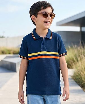 Pine Kids Cotton Knit Half Sleeves Striped Polo T-Shirt - Navy Blue