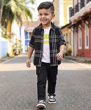 Babyhug Cotton Woven Full Sleeves Checkered Shirt & Denim Jeans with T-Shirt - Black