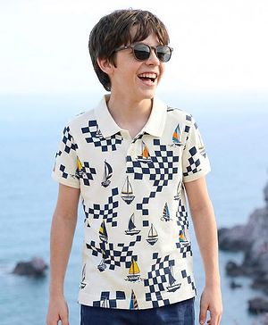 Pine Kids Cotton Knit Half Sleeves Polo T-Shirt With Boat Print - White