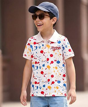 Pine Kids Cotton Knit Half Sleeves Polo T-Shirt With Holi Print - White