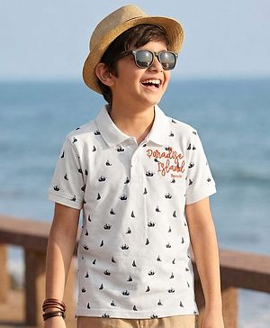Pine Kids Cotton Knit Half Sleeves Nautical Theme Printed Polo T-Shirt with Text Embroidery Detailing - White