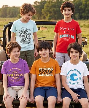 Pine Kids Cotton Knit T-Shirts Short Sleeves Round Neck Graphic Multi Colors 5-6 Years Pack of 5