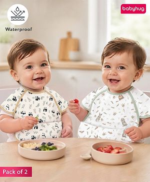 Babyhug Waterproof Polyester Half Sleeves Feeding Bibs Pack of 2 Bunny & Panda Print| Easy  Velcro Closure| Crumb Catcher Pocket| Washable & Lightweight| 0+ Months