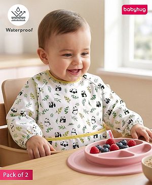 Babyhug Full Sleeve Waterproof Polyester Feeding Bib Panda Print| Long Sleeves| Crumb Catcher Pocket| Easy Velcro Closure| Mess-Free Feeding| 0+ Months