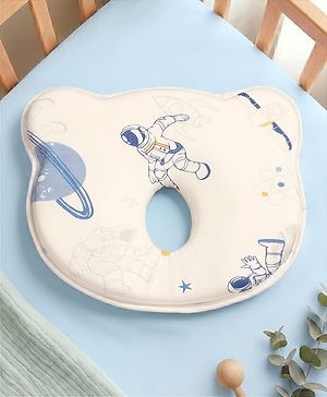 Babyhug Bear Shaped Baby Head Support Pillow Space Print| Prevents Flat Head| Cotton Pillow for Newborn| Soft Breathable Cotton Cover| Ergonomic Head Support| Lightweight Travel Friendly| Memory Foam