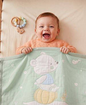 Babyhug 100% Pure Cotton Jacquard Gauze Baby Blanket Happy Bear Print 10 Layer Quilting Ultra Soft Breathable & Absorbent 0-24 Months New Born Essential -Green