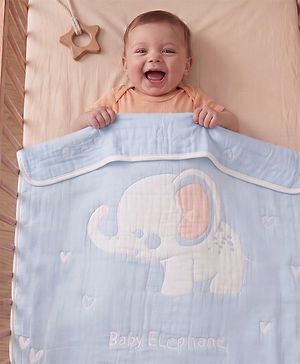 Babyhug 100% Pure Bamboo Baby Blanket Cute baby Elephant Print 6 Layer Quilting| Ultra Soft & Light Weight (520g) Breathable & Absorbent 0-24 Months New Born Essential - Blue