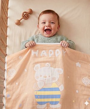 Babyhug 100% Pure Cotton Baby Blanket Bear Print 4 Layer Quilting| Ultra Soft & light Weight (470g) Breathable & Absorbent| 0-24 Months New Born Essential- Peach