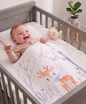 Babyhug 100% Pure Cotton Four Layer Baby Blanket Cute Fawn Print Super Soft & Absorbent Lightweight Breathable Quilt (320g) Gentle on Baby Skin| 024 Months New Born Essential - White