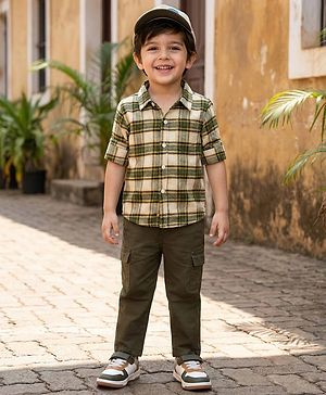 Babyhug Cotton Woven Full Sleeves Checkered Shirt & Trouser Set - Olive Green