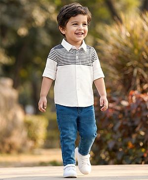 Babyhug Cotton Woven Full Sleeves Striped Shirt & Denim Jeans Set - Blue & White