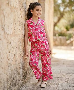 Pine Kids Woven Sleeveless Co-ords Top & Pant Set with Floral Print - Dark Pink