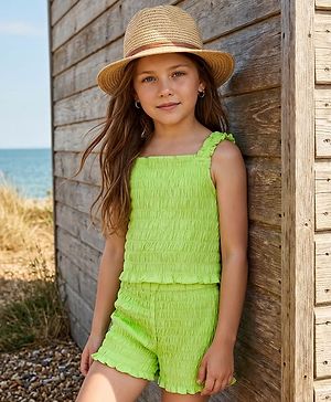 Pine Kids Cotton Woven Sleeveless Solid Color Co-ords Top & Shorts Set - Light Green