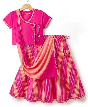 Exclusive from Jaipur Cotton Woven
                              Half Sleeves Striped Choli Lehenga Set
                              with Dupatta - Dark Pink