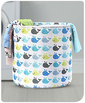 Babyhug Round Canvas Foldable Laundry Bag with Handles Whale Print - White| Storage Basket for Toys & Used Clothes| Washable & Lightweight Organizer for Kids Room