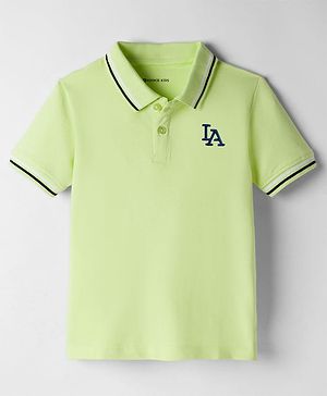 Kookie Kids Cotton Knit Half Sleeves Polo T-Shirt with Tipping & Ball Graphic - Limegreen