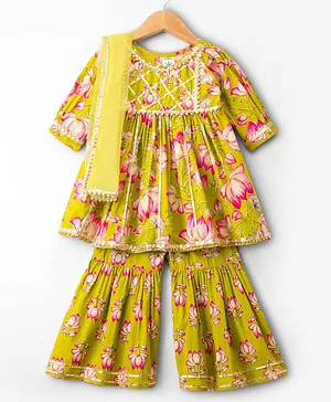 TEENTAARE Cotton Woven Three Fourth
                              Sleeves Kurta & Gharara With Dupatta
                              Set - Lime Green