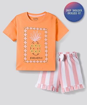 Bonfino 100% Cotton Knit Half Sleeves Oversized T-Shirt & Shorts Set with Gold Foil Pineapple Print & Bow Applique - Peach