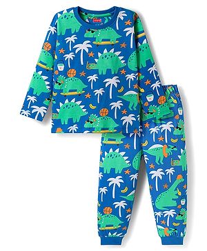 Babyhug Cotton Knit Full Sleeves Co-ord Night Suit With Dino Print - Blue